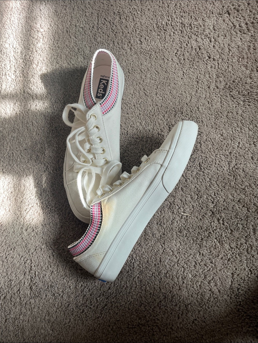 Keds White Canvas Slip-On Woman’s Sneakers with Pink & Black Knit Collar - Picture 4 of 4